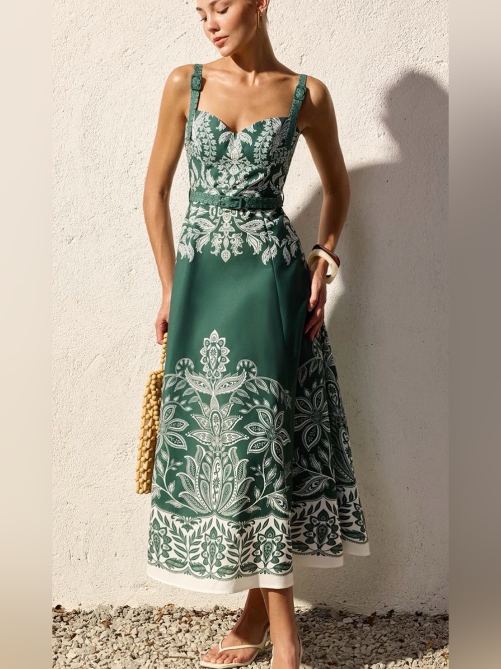 Commense Emerald Green and White Printed Midi Dress